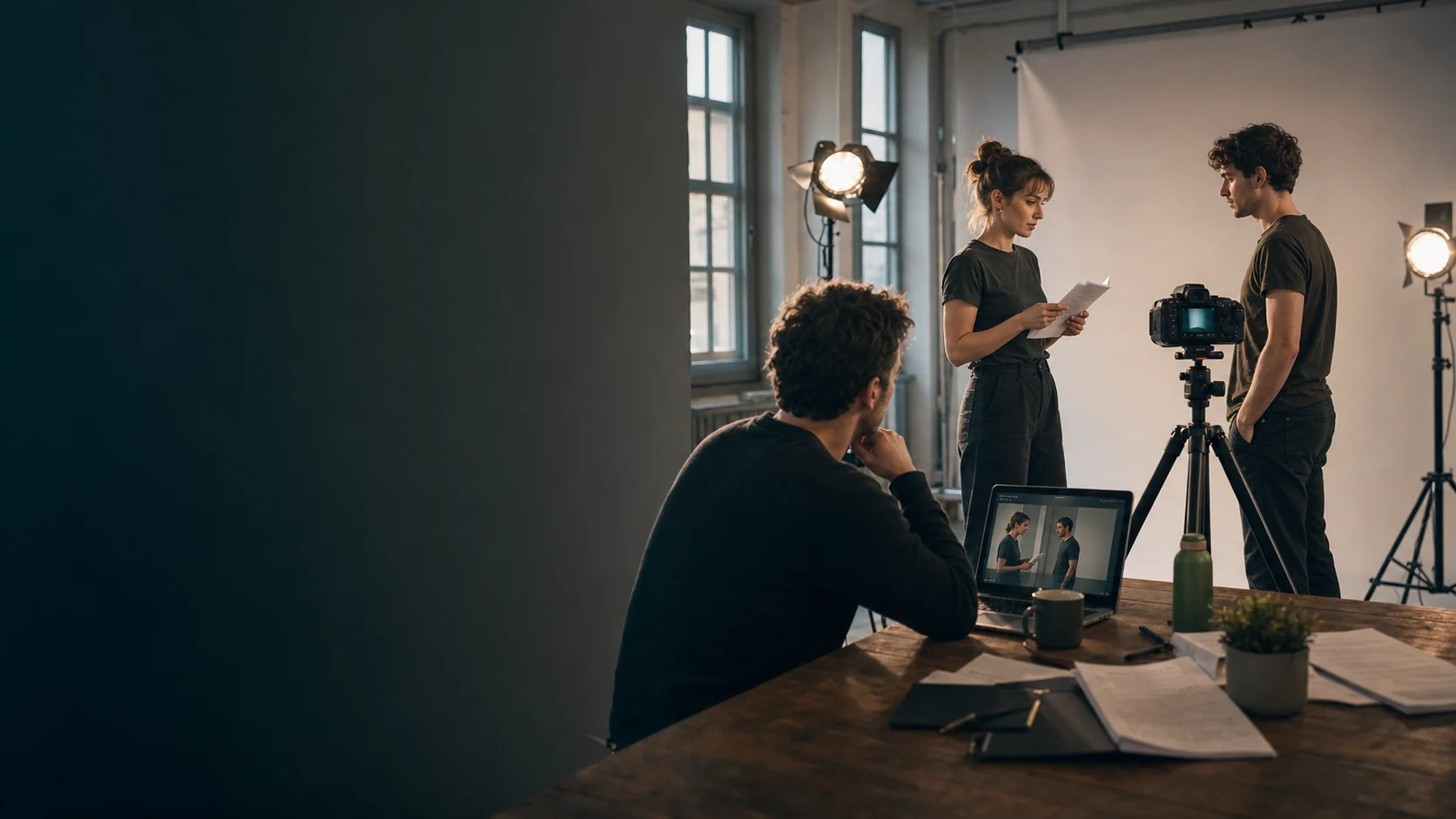 Performers preparing a self-tape together