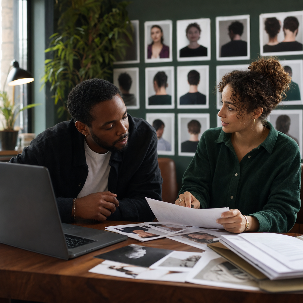 Two adults reviewing performer materials in a casting agency workspace