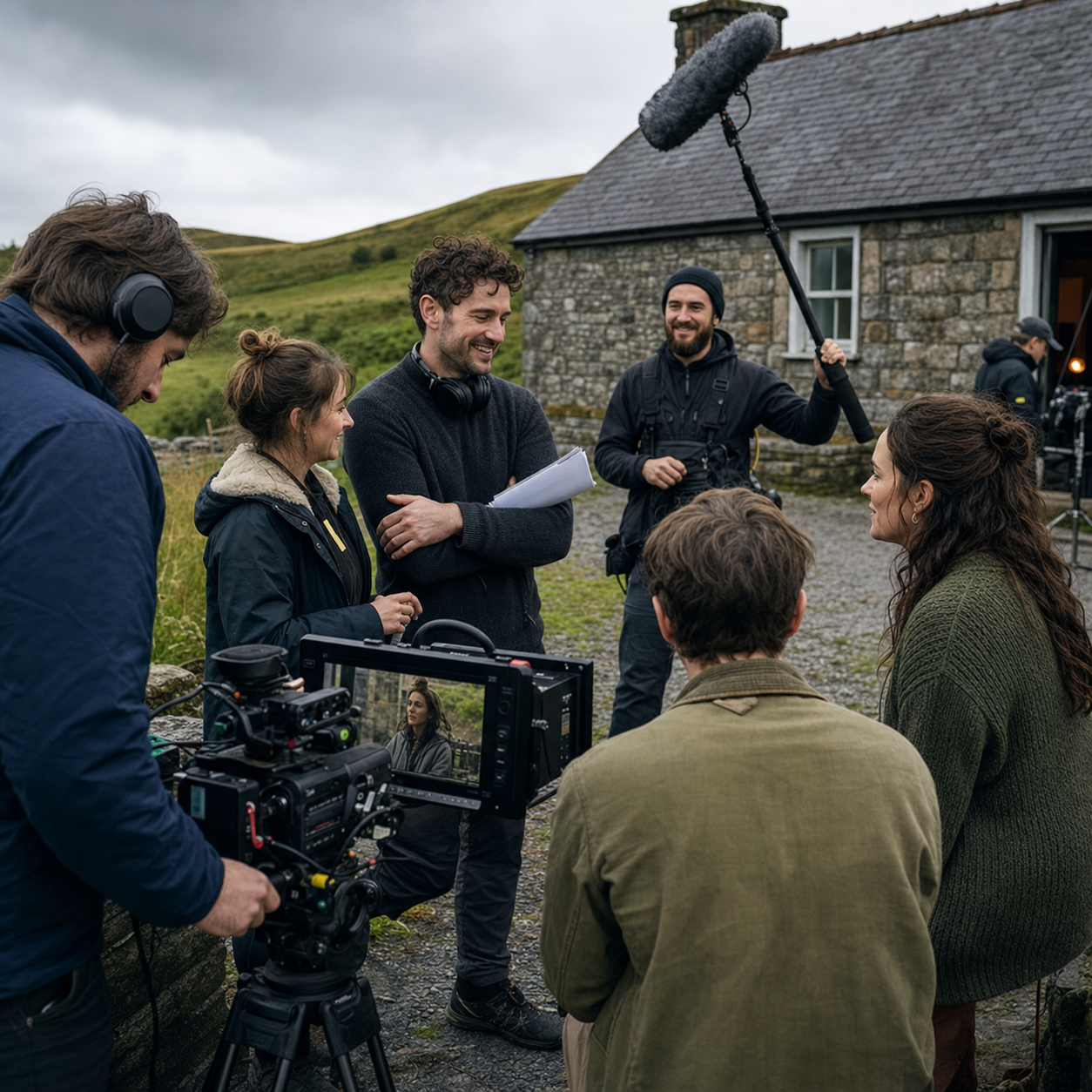 Adult cast and crew collaborating on an independent film location shoot in Ireland