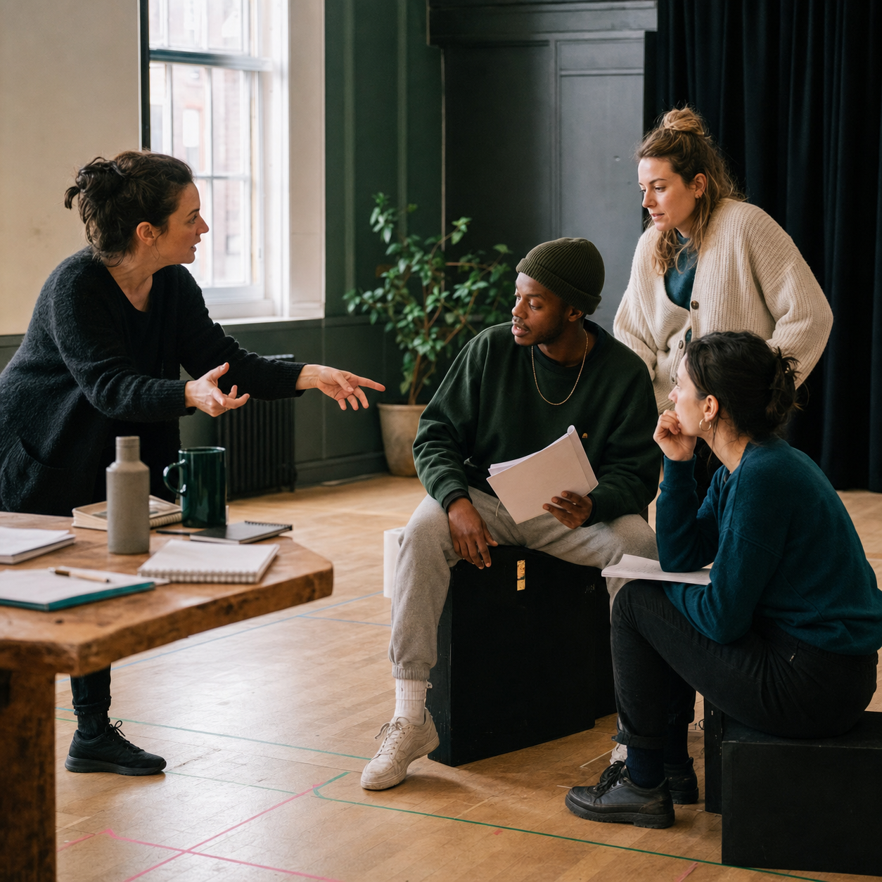 Adult performers working through a scene in a rehearsal workshop