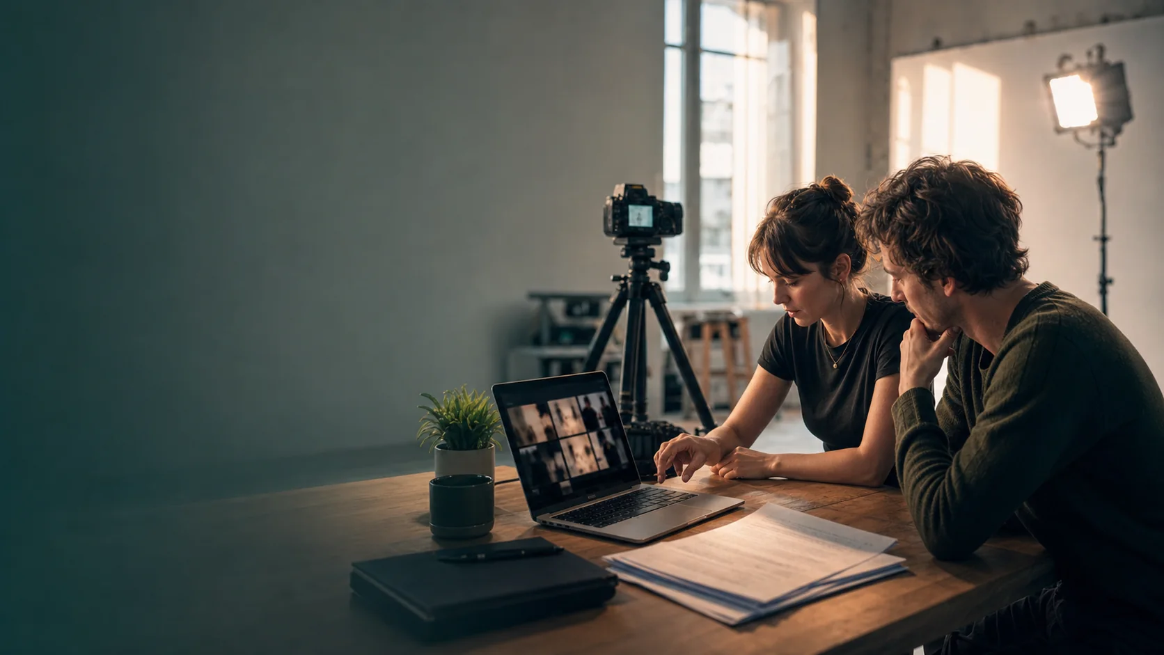 Performers reviewing a recorded take
