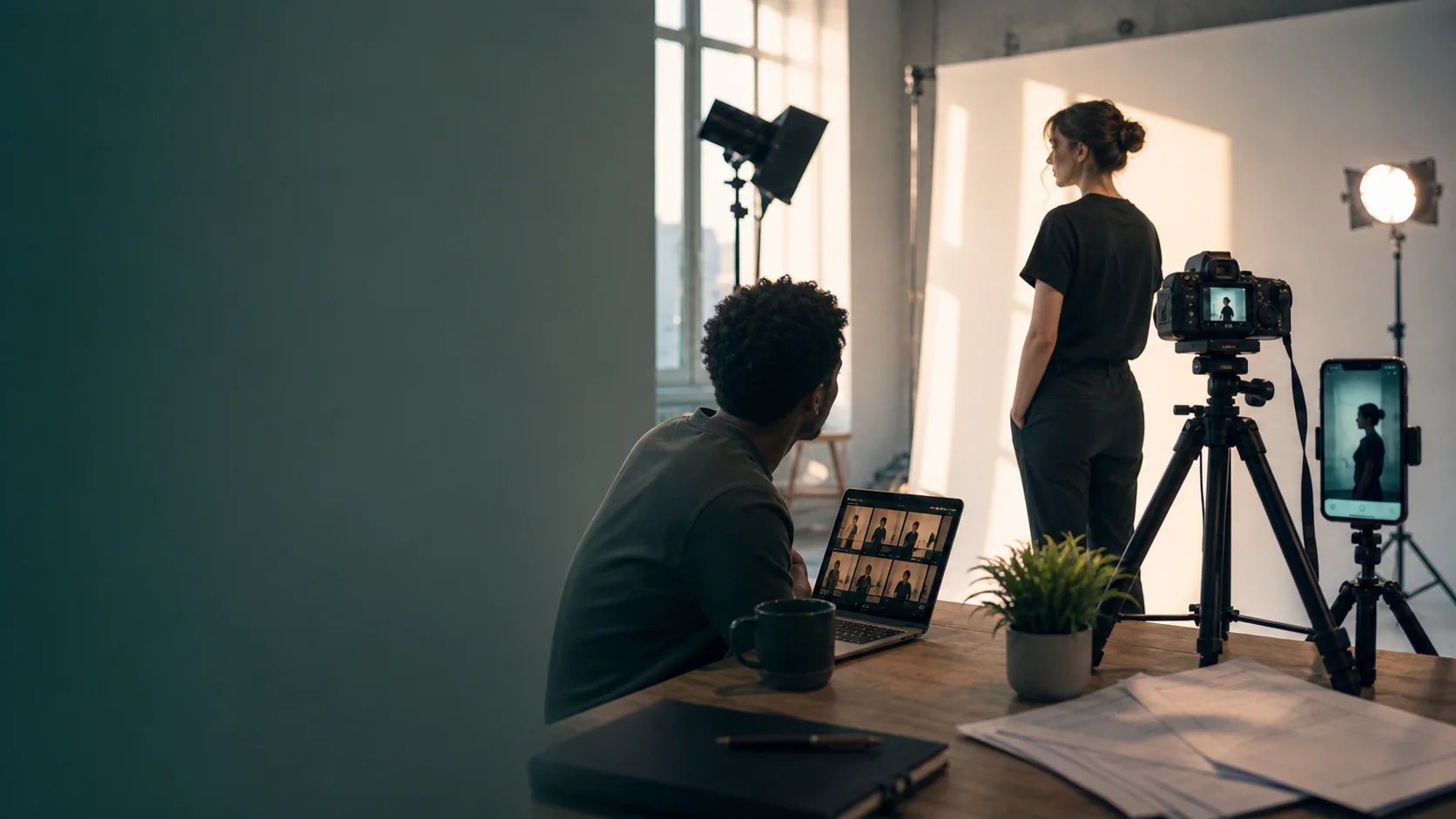 An actor preparing a self-tape with a camera and scene partner